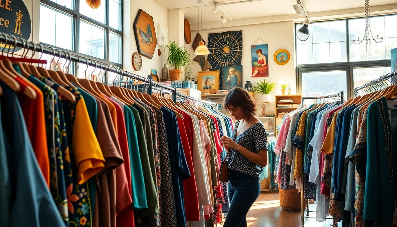 Browse unique finds at a vibrant Second hand clothing store filled with retro garments.