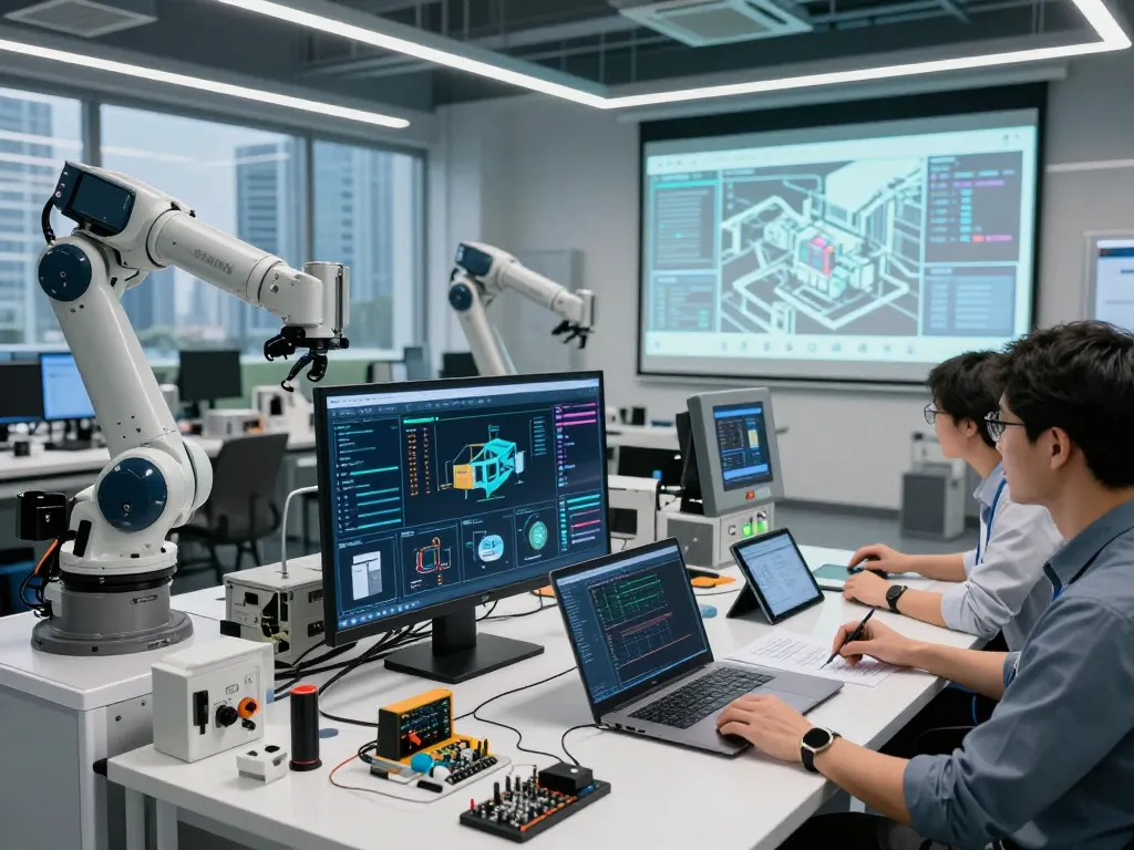 Engineer analyzing Siemens automation data on a touchscreen in a modern workspace.