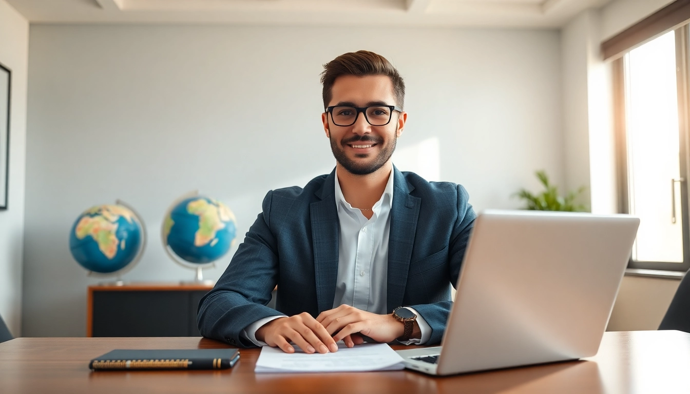 Virginia Immigration Lawyer discussing legal matters at a workspace with a global perspective.