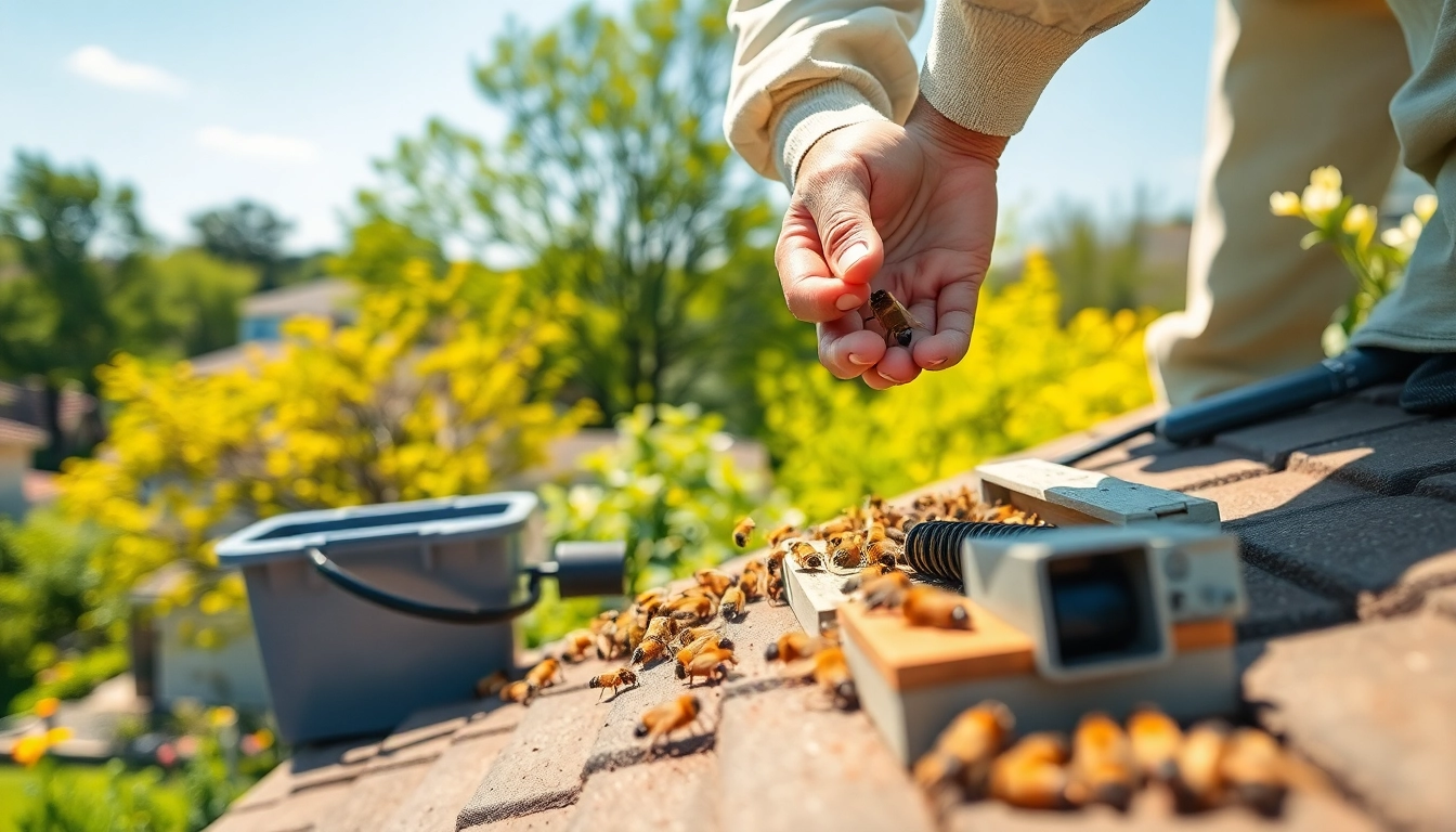 Expert performing live bee removal safely from a roof, emphasizing eco-friendly methods.