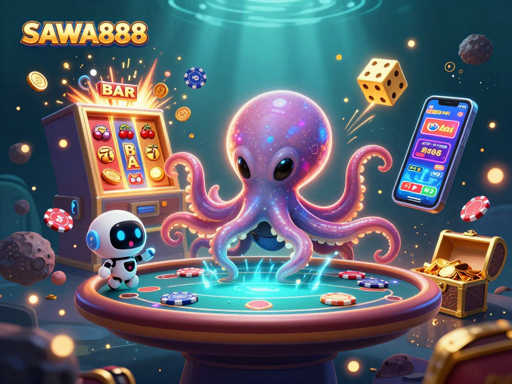 Engage in thrilling gaming action with SAWA888's vibrant casino scene featuring dynamic characters and excitement.
