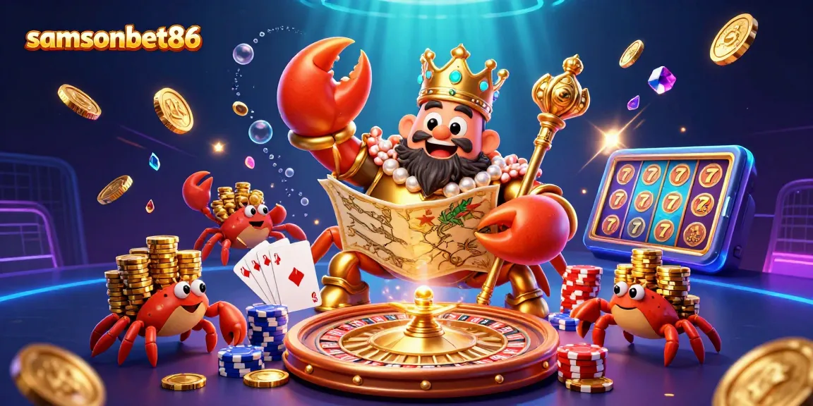 Engage with the vibrant samsonbet86 casino scene featuring a golden crab emperor overseeing a treasure-filled world.