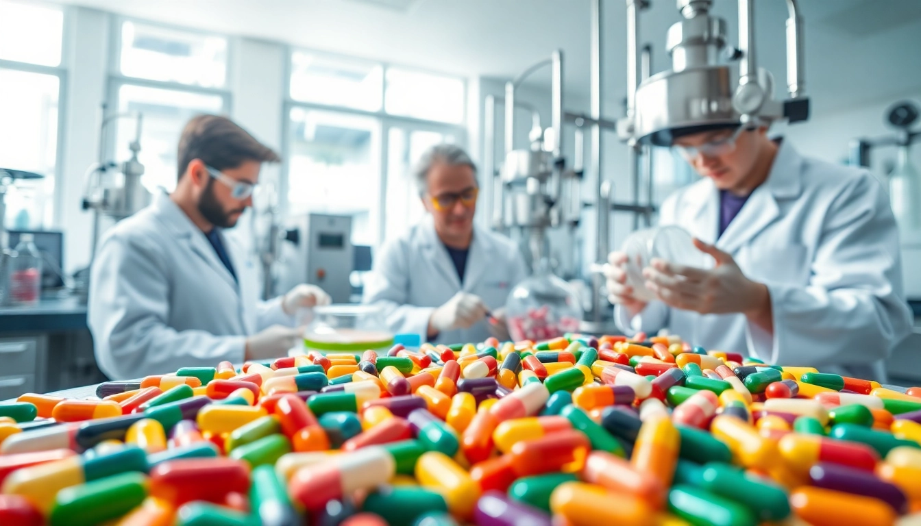 Showcasing a white label vitamin manufacturer UK’s laboratory with colorful vitamin capsules and expert staff.