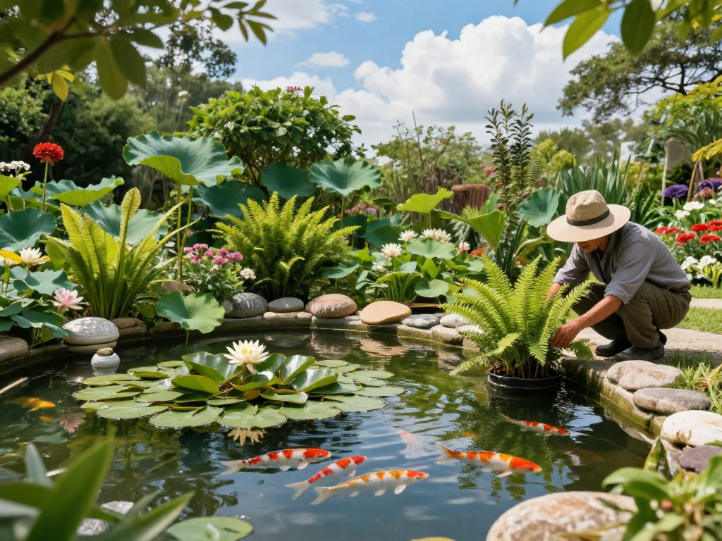Pond plants flourishing in a tranquil garden pond with a gardener tending to them.