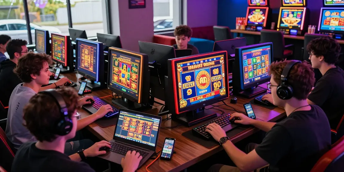 Exciting online slot gaming scene with players engaged on tablets, showcasing vibrant slot graphics and energetic atmosphere.