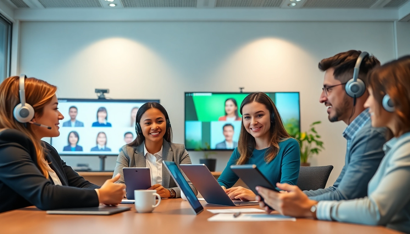 On-demand interpretation services in a modern office setting with diverse interpreters communicating via video and phone.