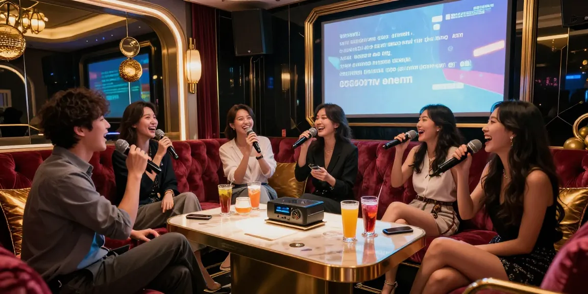 강남 가라오케에서 파티를 즐기는 친구들, 고급 인테리어와 음향 장비로 화려함을 더한 모습