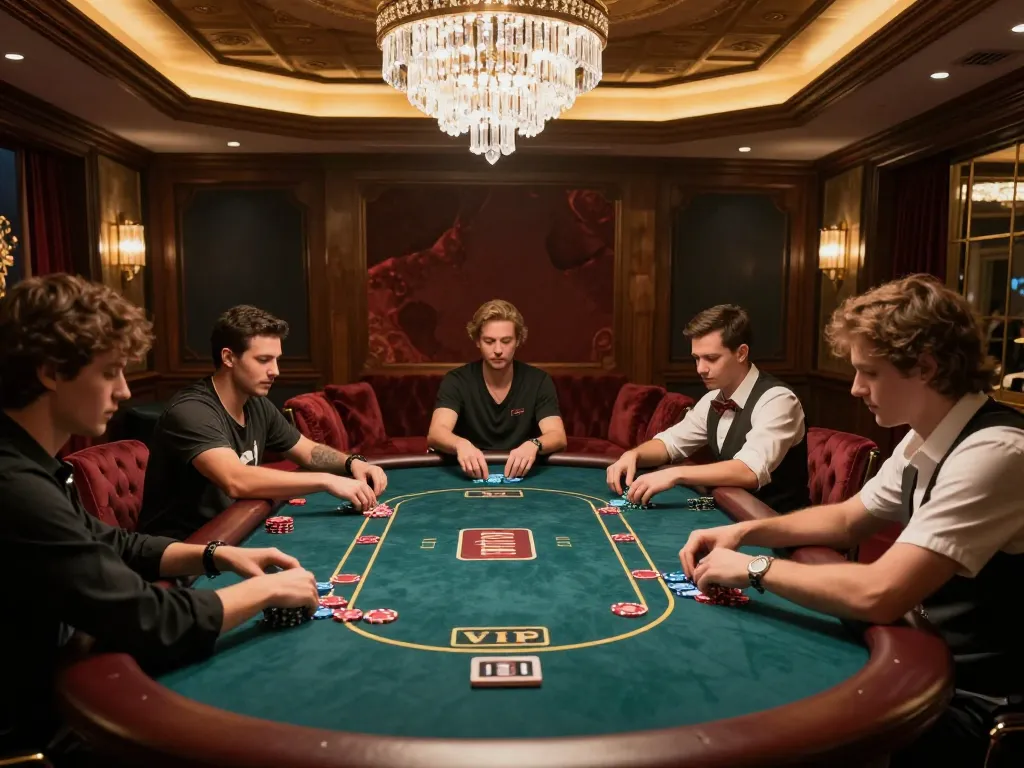 Players enjoying high-stakes poker at the Nhà cái MM88 VIP gaming table in an upscale casino.