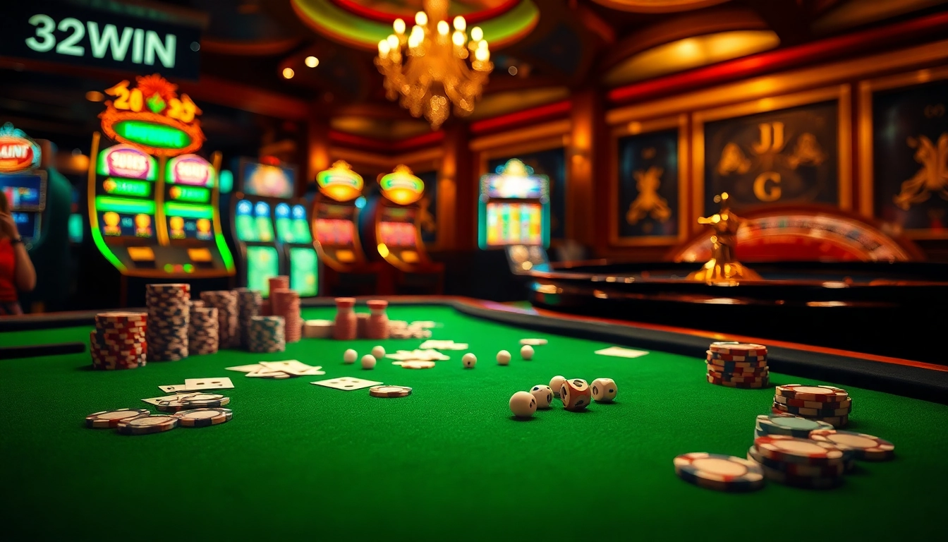 Exciting casino scene showcasing 32WIN with poker chips and slot machines for immersive gambling experience.