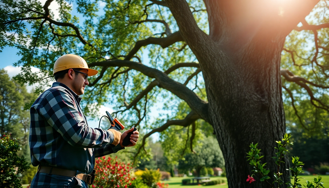 Black Mountain Tree Consultancy arborist pruning oak tree in vibrant green landscape.