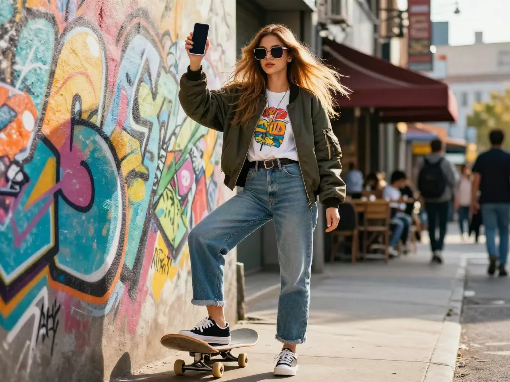Ellie Nova XXX styled in vibrant urban streetwear, exuding confidence against a colorful graffiti backdrop.