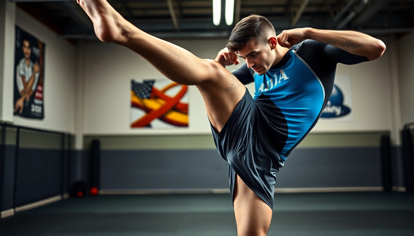 Explore BJJ rash guard on a dynamic athlete performing a kick in a vibrant gym setting.