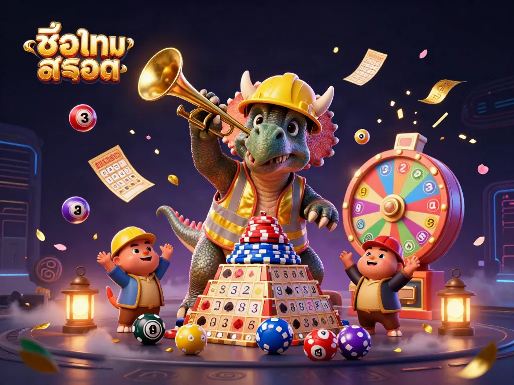 Exciting scene showcasing ชื่อเกมสล็อต with a triceratops building poker chips, celebrating with a parasaurolophus and colorful elements.