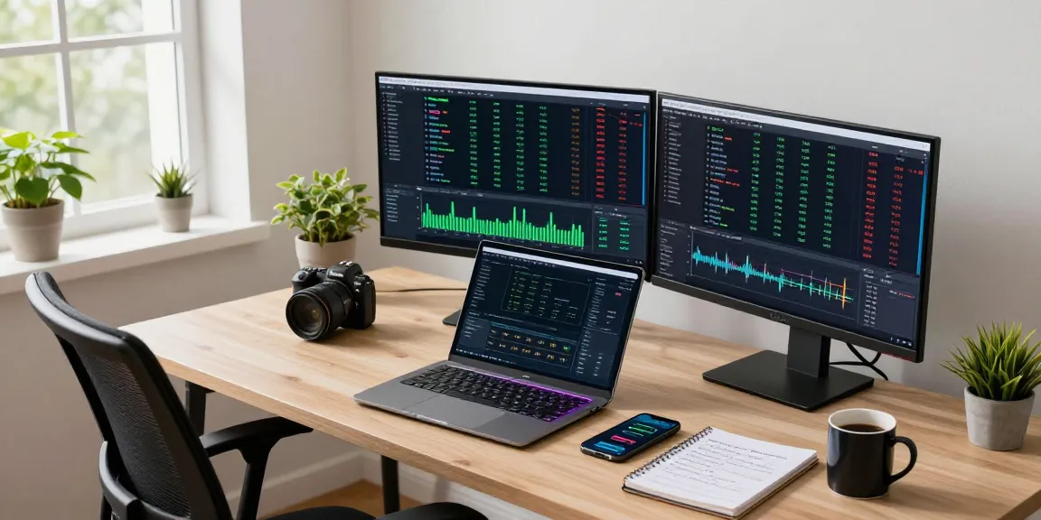 Mining bitcoin online in a modern tech workspace with dual monitors, cryptocurrency dashboard, and digital wallet.