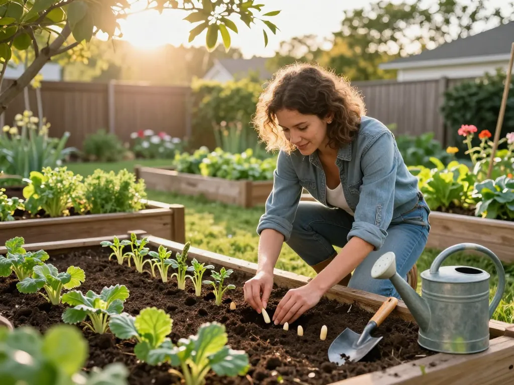 Asperges kweken in a lush garden with seedlings, tools, and vibrant plants.