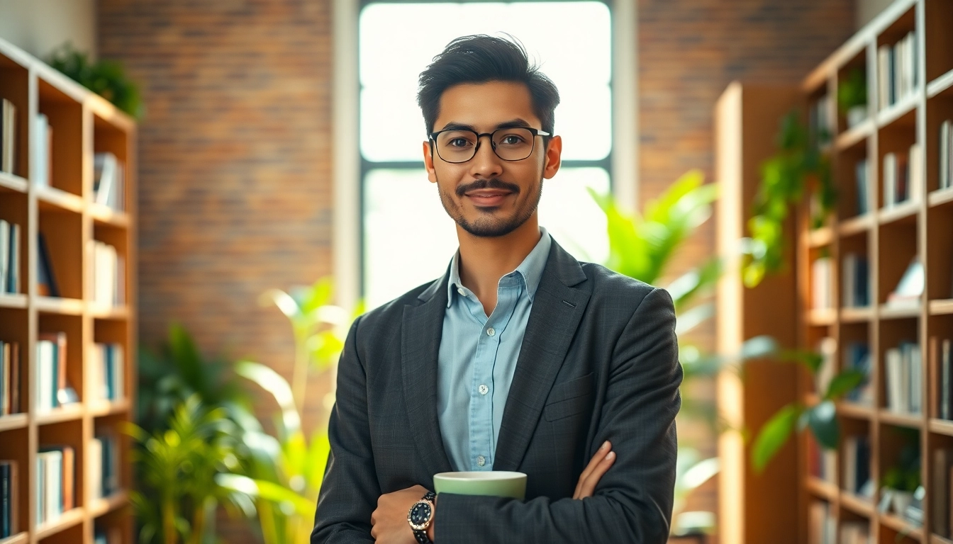 Creating a captivating Bio page featuring a professional standing in a well-lit office environment.