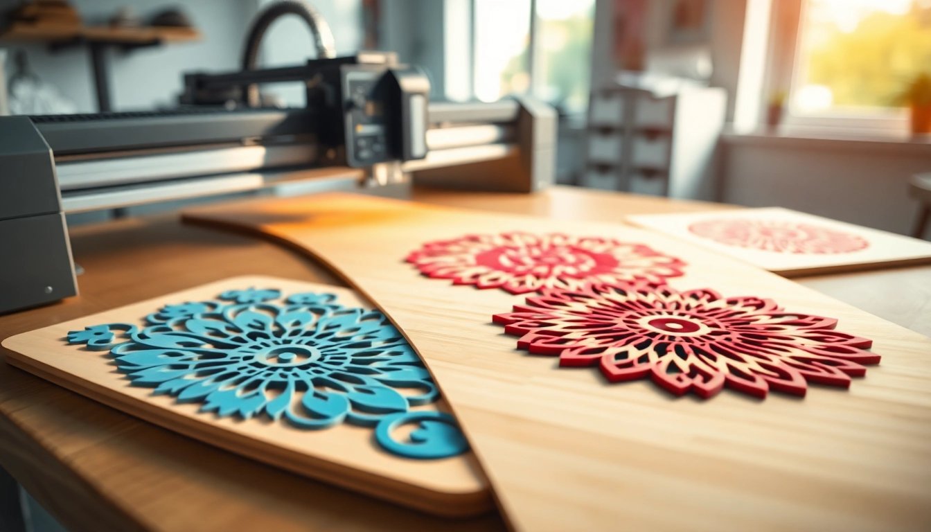 Showcasing stunning laser cutting designs on creative workspace desk with laser cutter.