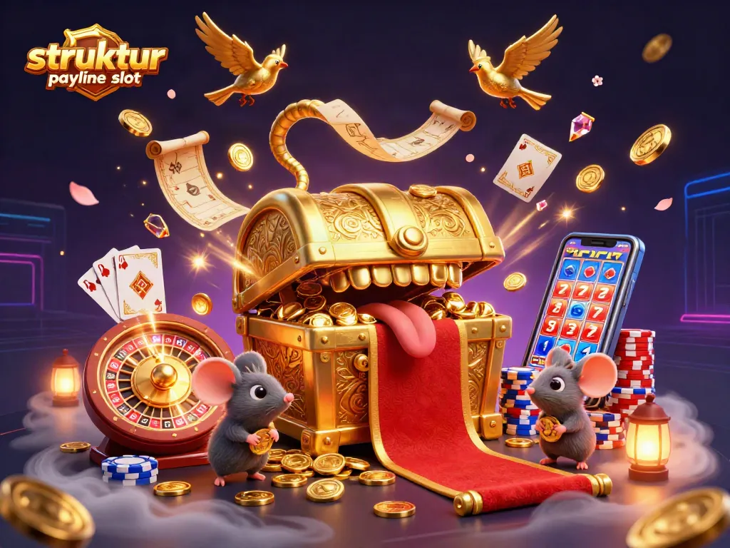 Menang di struktur payline slot dengan peti harta karun 3D berwarna emas yang memikat dan simbol keberuntungan.