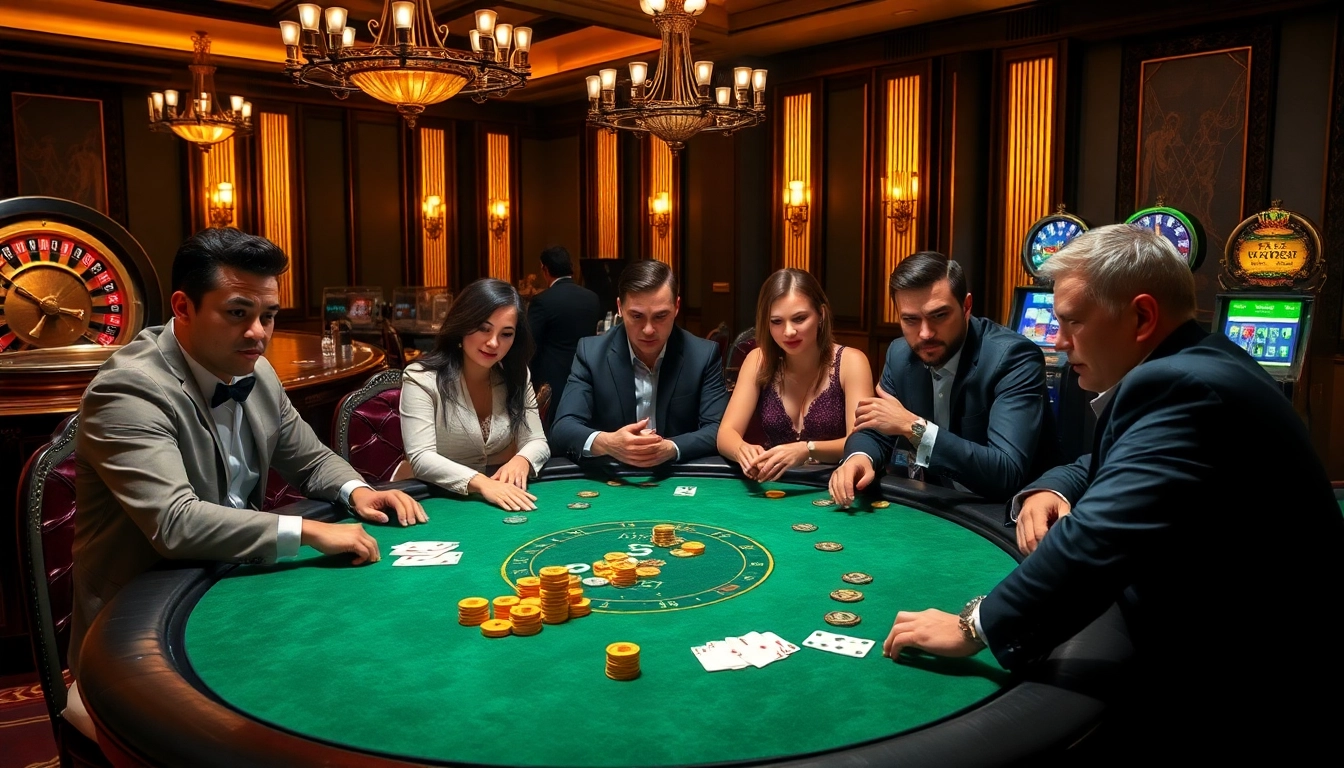 Experience the excitement of 7m.cn as players engage in a high-stakes poker game in an elegant casino scene.