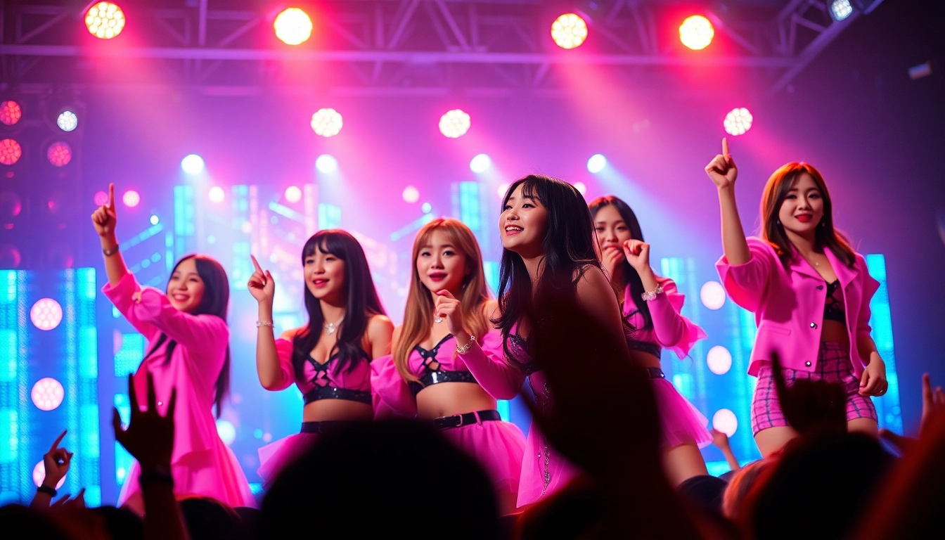 Energetic display of Blackpink news as the band performs live, showcasing their dynamic presence.