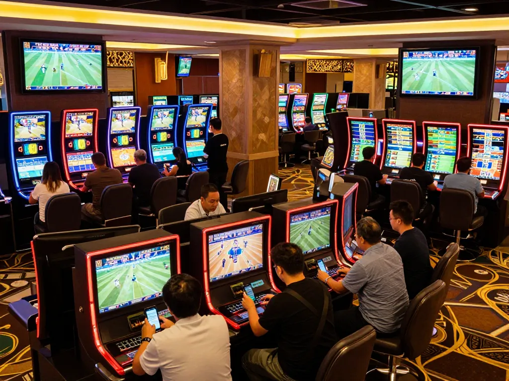 Engaged bettors analyzing odds at TV88 sports betting area, showcasing excitement and strategy.