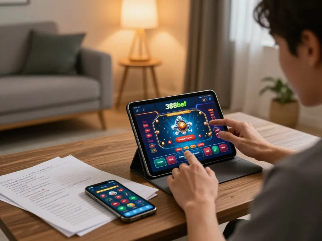 Engaging gameplay on the 388bet app at home displaying strategy notes and a cozy atmosphere