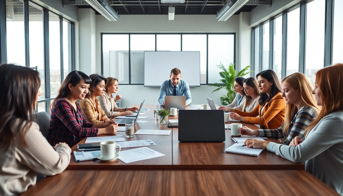 Collaborative scene showing proposal writing and management with a team at work.