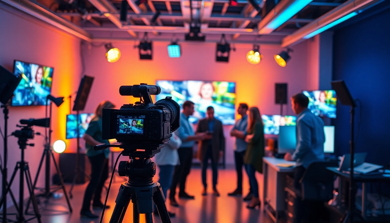 Engaging team collaborating in corporate video production Phoenix studio with high-tech equipment.