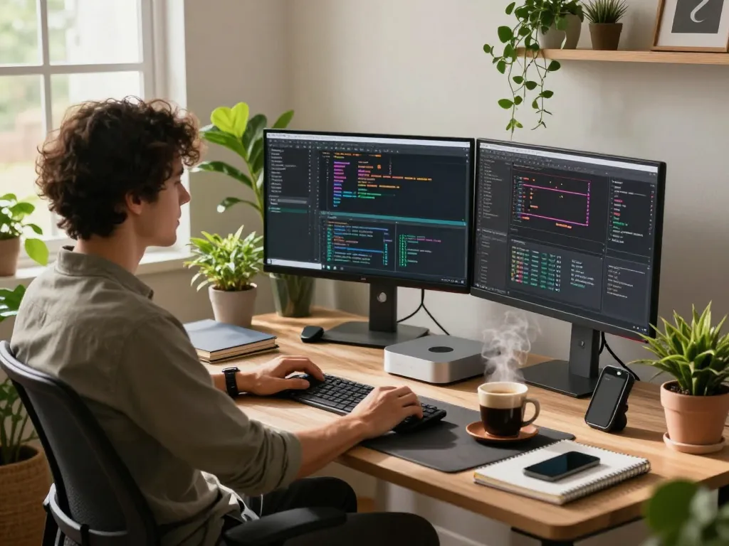 Home office scene with a Mac mini, dual monitors, and a creative workspace.