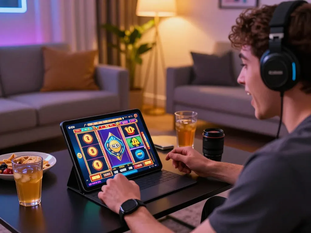 Engaging in slot deposit 1000 gameplay at home, showcasing the excitement of online slots.