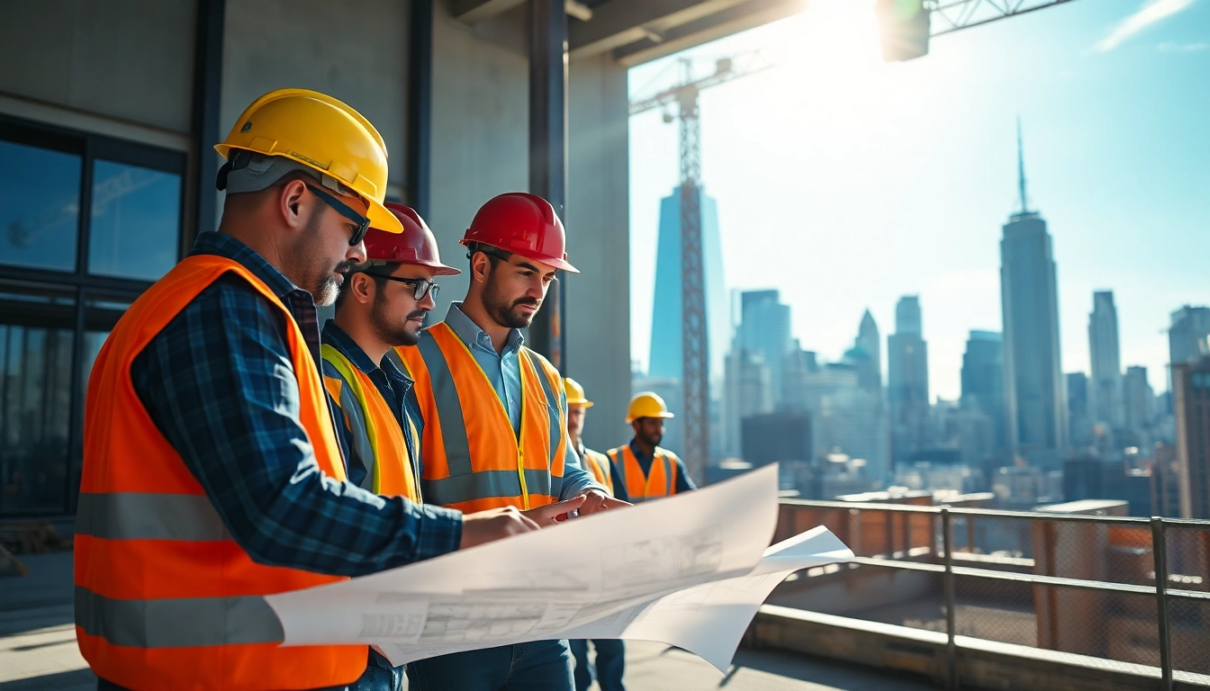 New York City Commercial General Contractor collaborating on a construction site with urban skyline in view.