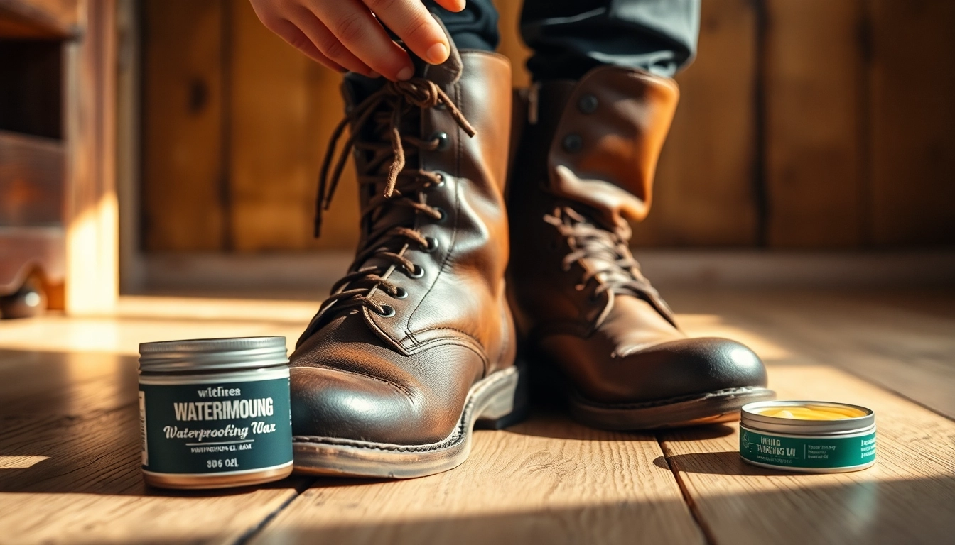 Learn how to waterproof leather boots for winter with a close-up view of treated boots and wax.