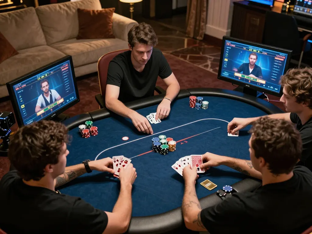 king33 players engaged in a heated online poker game at home, showcasing strategic gameplay with digital interfaces.