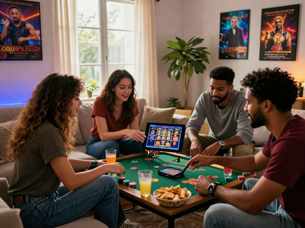 Friends enjoying link casino online games on a tablet in a vibrant living room