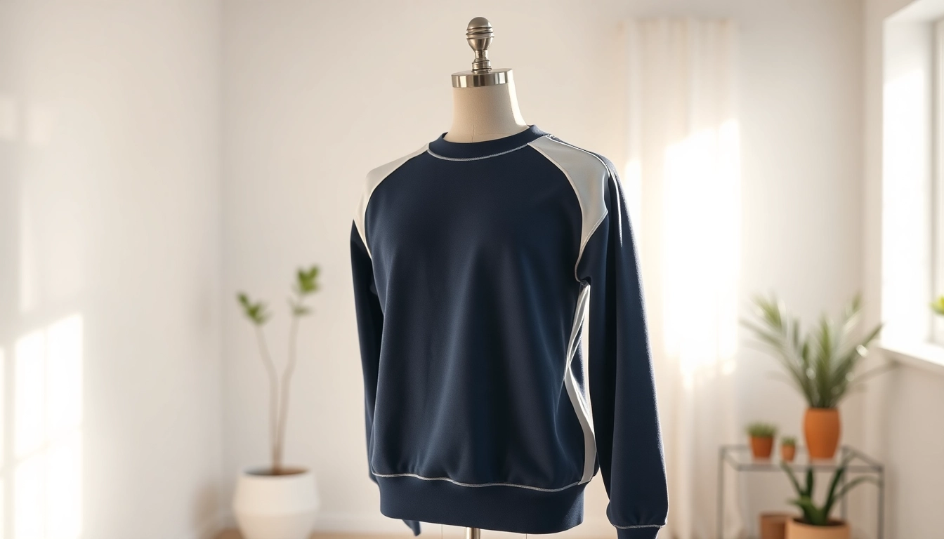 Model wearing a stylish crew neck sweatshirt highlighting its texture and vibrant color scheme in a cozy setting.
