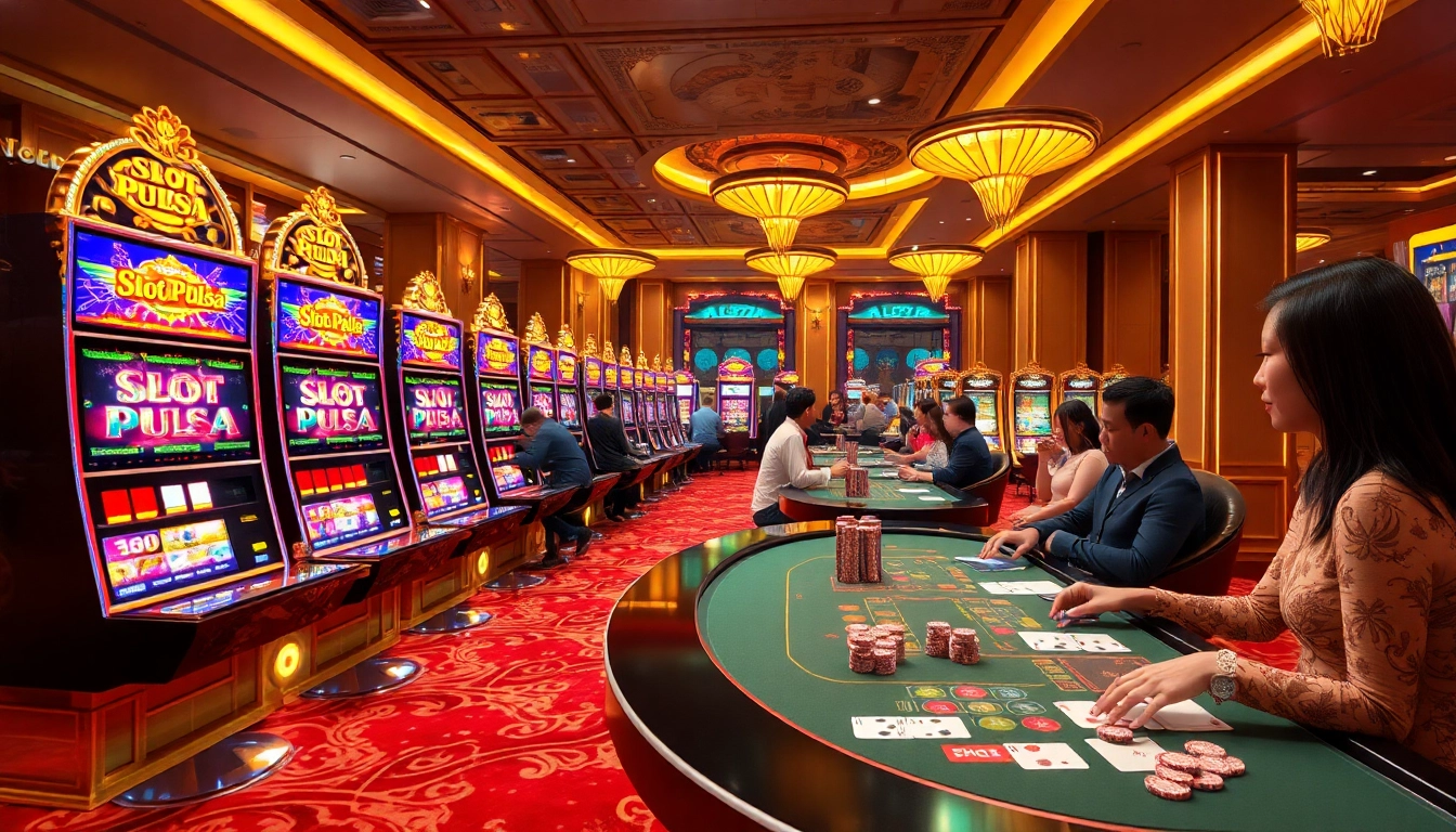 Experience thrilling moments at Slot Pulsa gaming with engaging players and vibrant slot machines.