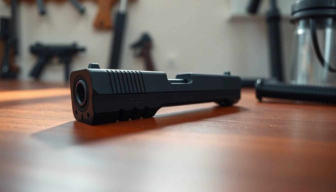 Showcasing a glock slide with intricate designs and smooth surface details on wooden table.