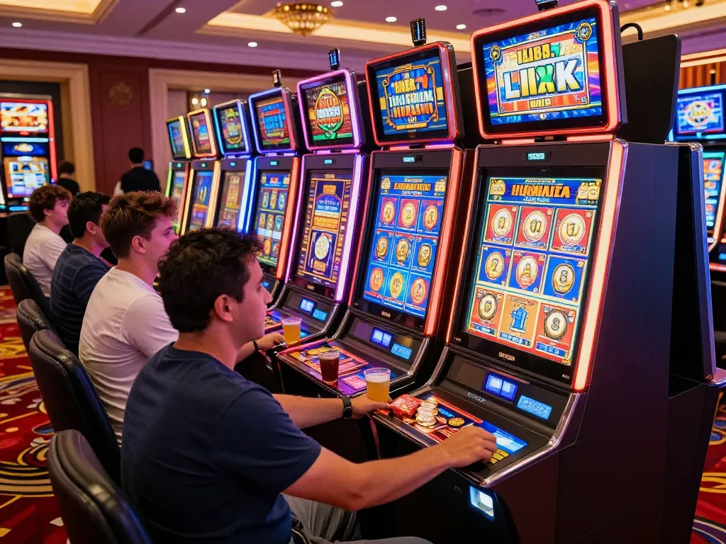 Kegiatan mesin slot link yang menarik di pengaturan kasino yang hidup dengan pemain terlibat dan lampu jackpot berkedip.