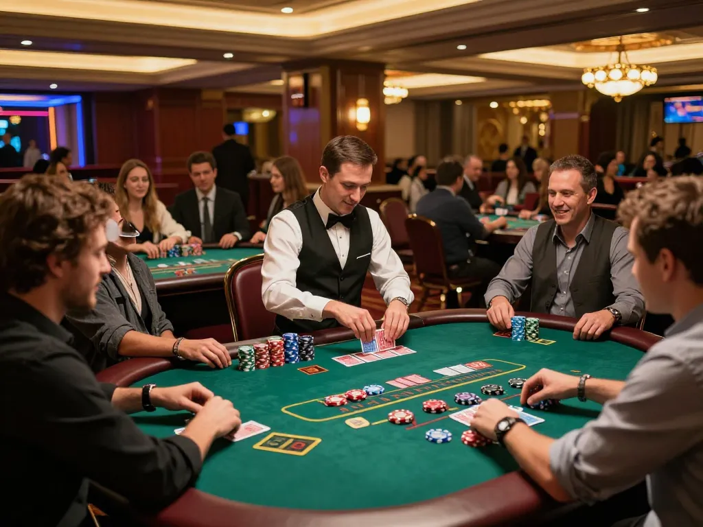 Players immersed in thabet blackjack game at a vibrant casino table, showcasing strategic betting moves amidst dynamic atmosphere.