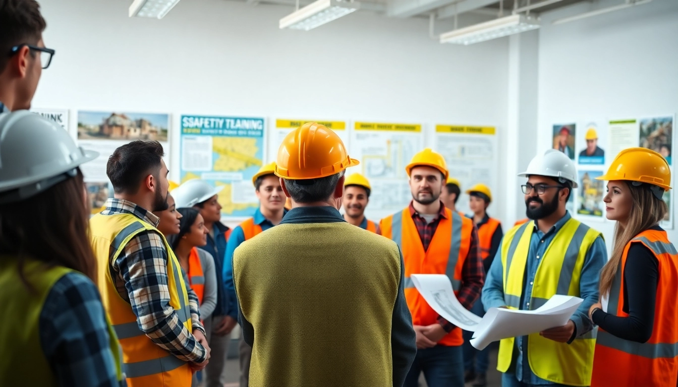 Participants engaged in construction safety training with an instructor demonstrating essential equipment.