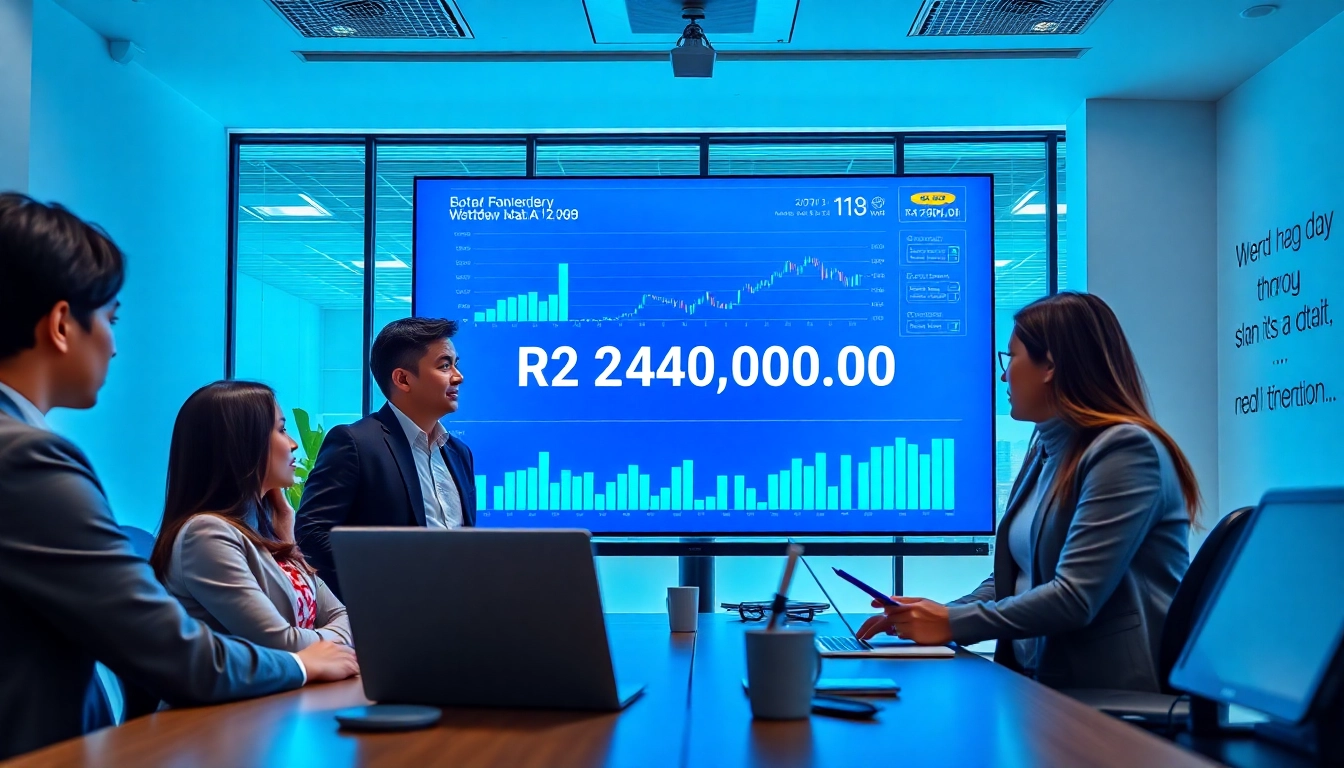 Business professionals celebrating the successful BOX138 withdrawal of Rp 2.424.000,00 in a modern office.