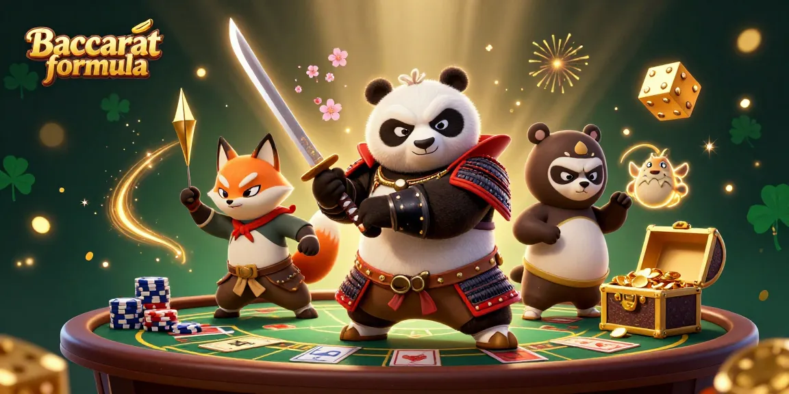 Baccarat formula illustration showcasing a samurai panda, ninja fox, and spirit tanuki amidst a vibrant casino scene.