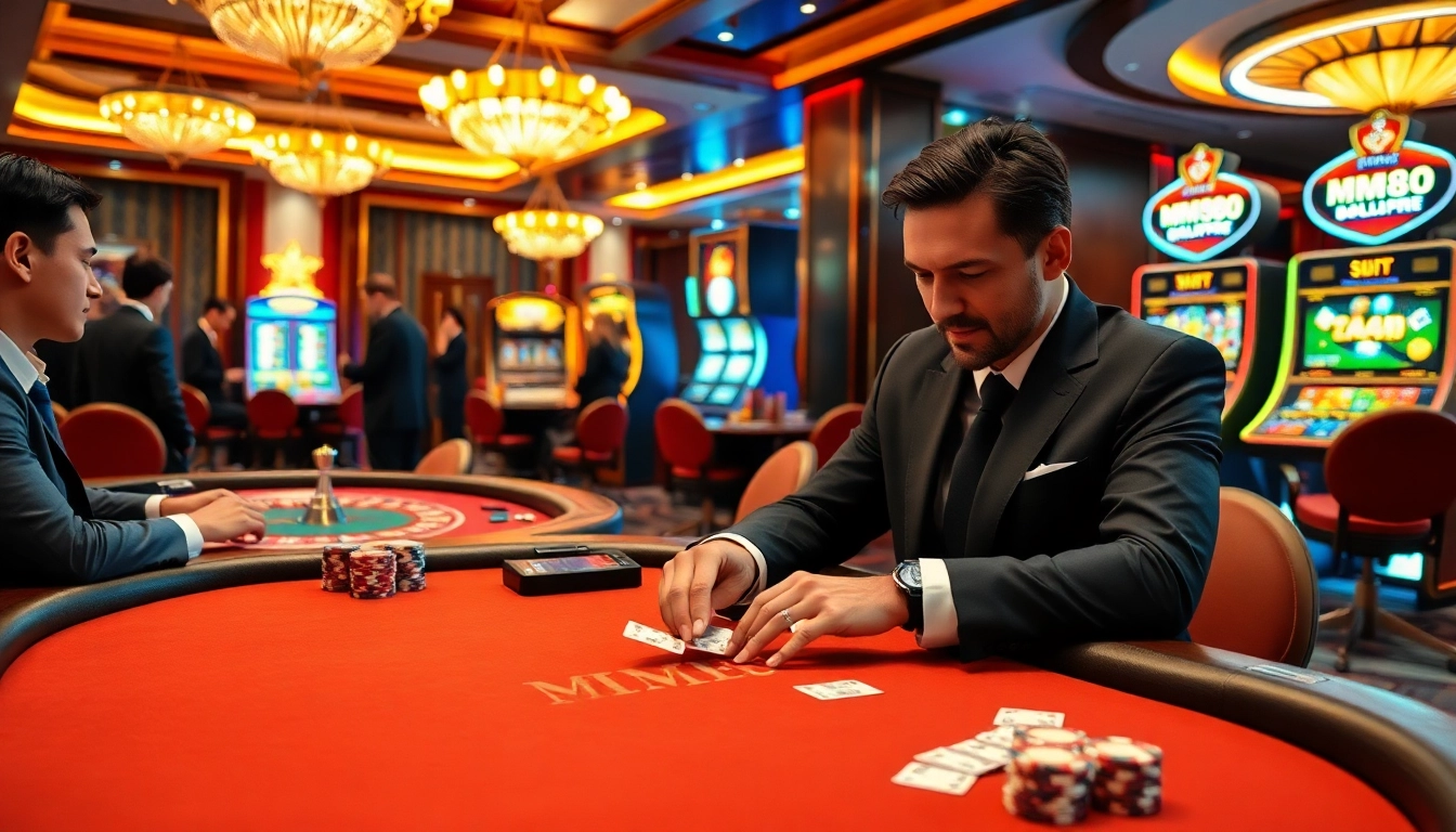 Gambling excitement at MM88 poker table with players engaging and vibrant chips visible.