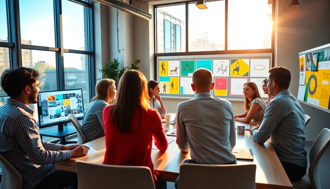 Team collaboration in a creative agency setting with vibrant design elements and innovative workspace.