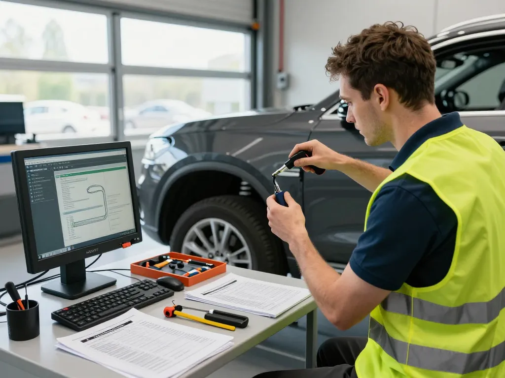 Kfz Sachverständiger Bonn untersucht ein Fahrzeug in einer professionellen Werkstatt und zeigt Expertise in der Fahrzeugbewertung.