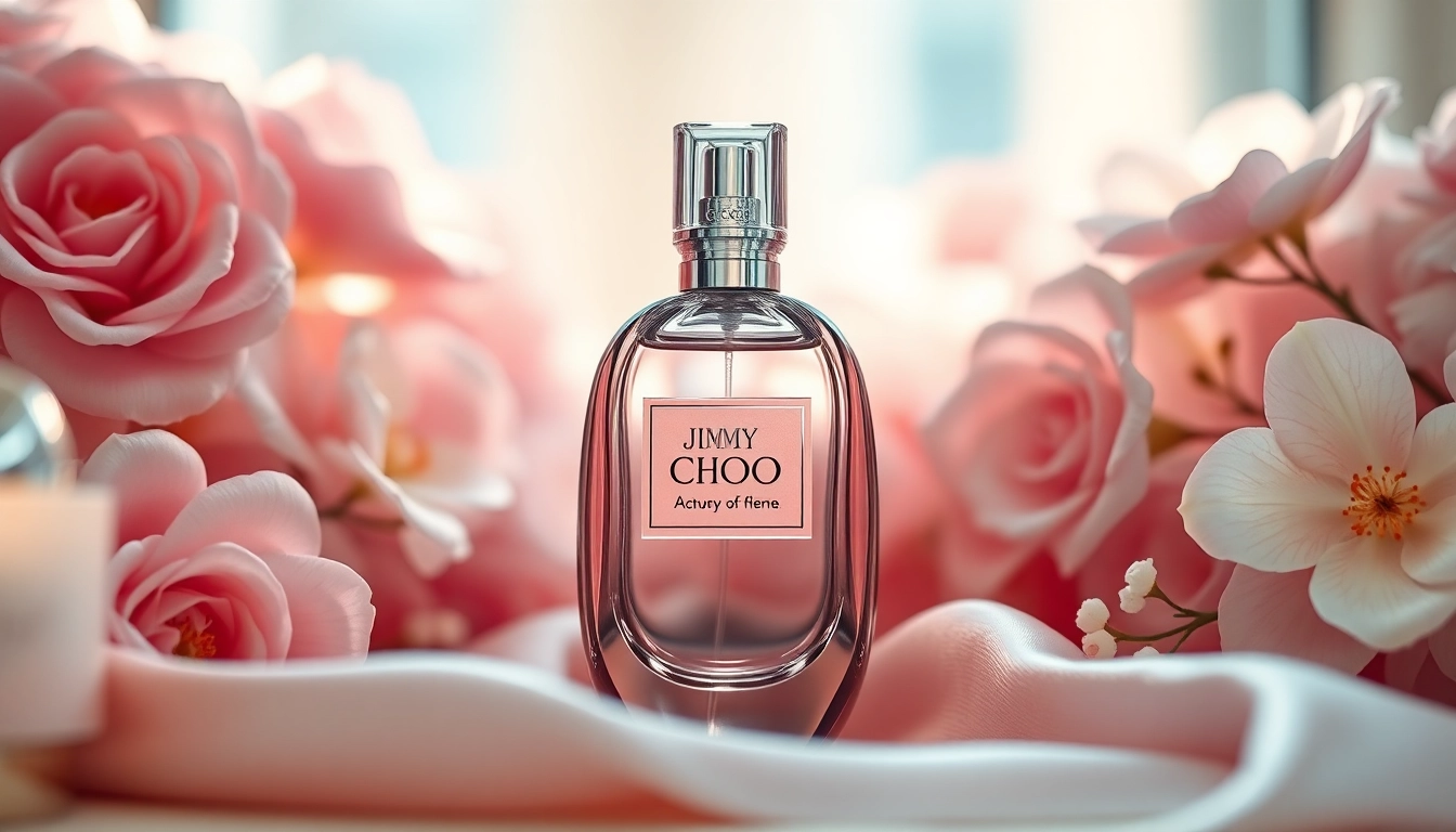 Admire the exquisite Jimmy Choo perfume bottle surrounded by delicate floral decor.