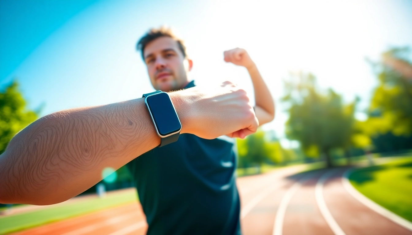 Engaged individual showcasing Ringconn smart device during an outdoor fitness session.