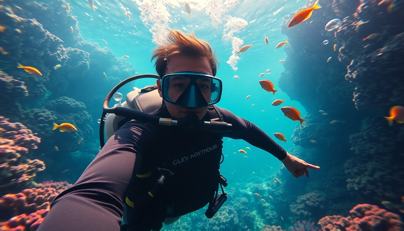 Tauchen Lernen in einem klaren Korallenriff mit bunten Fischen und Tauchausrüstung.