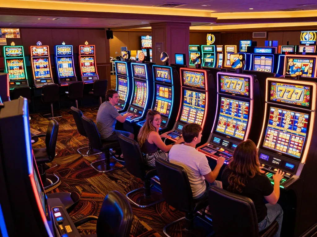 Players celebrating wins at slot 777 machines in a lively casino atmosphere.