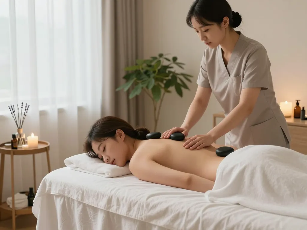 부드러운 조명과 편안한 요소가 있는 역삼동마사지 치료실, 진정 효과를 주는 마사지를 제공하는 치료사.